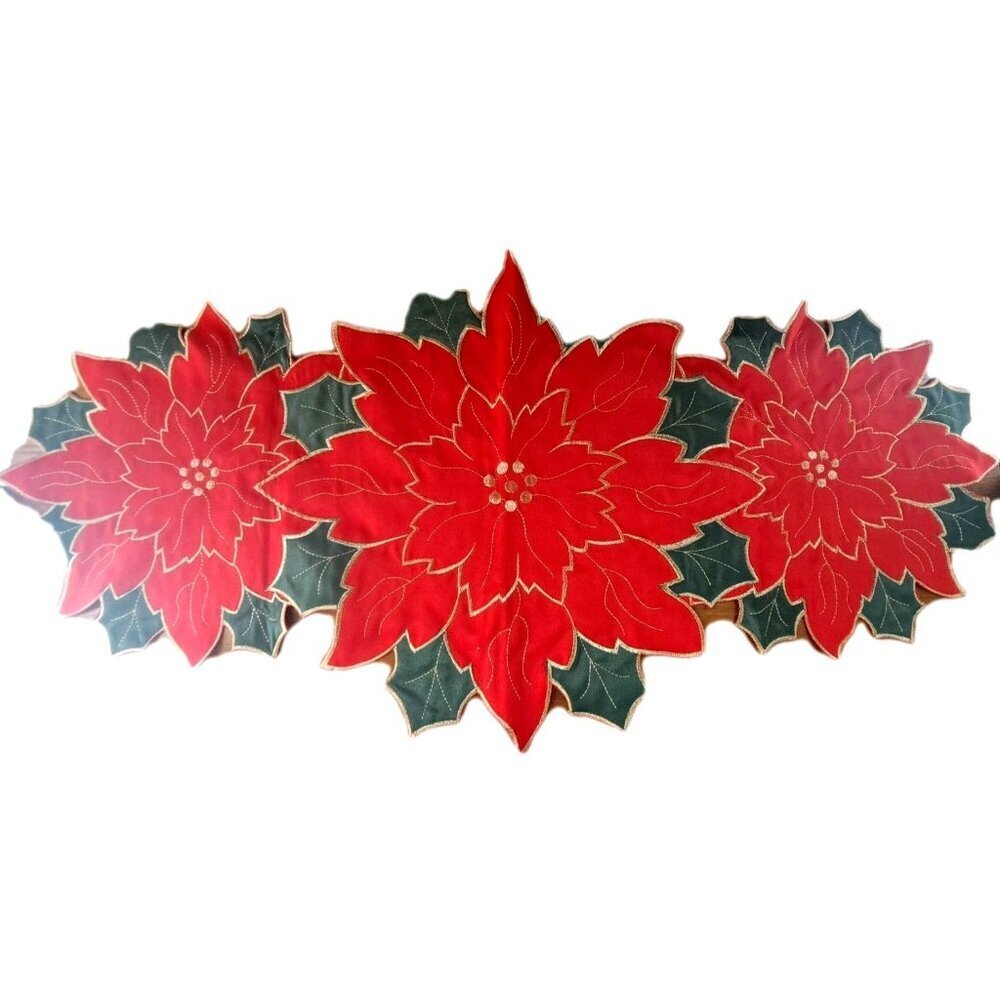 Unbranded Poinsettia & Holly 31" Table Runner Holiday Christmas Red Green Gold